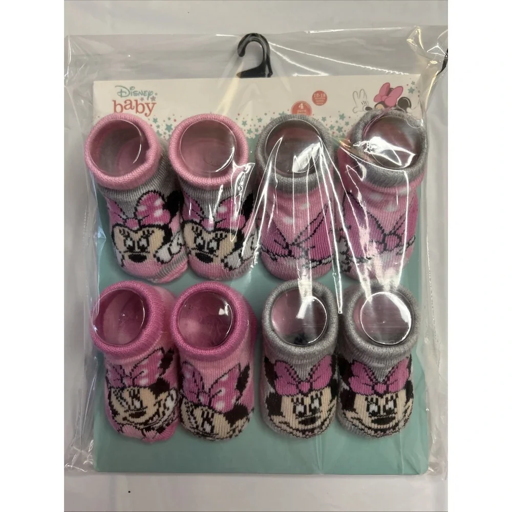 Disney Baby Minnie Mouse Baby Booties 4 Pair Set Size 12-18 Months Pink-Gray NEW